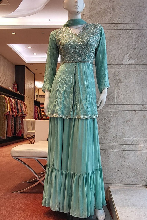 Sharara Suit Set In Sea-Green Color