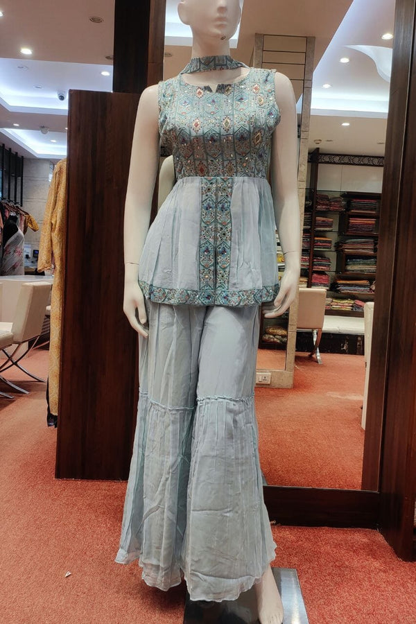 Sharara Suit Set In Sky Blue Color With Dupatta