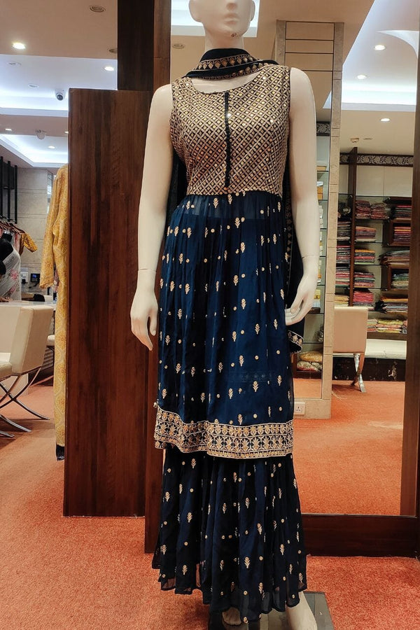Sharara Suit Set With Dupatta In Navy Blue Color