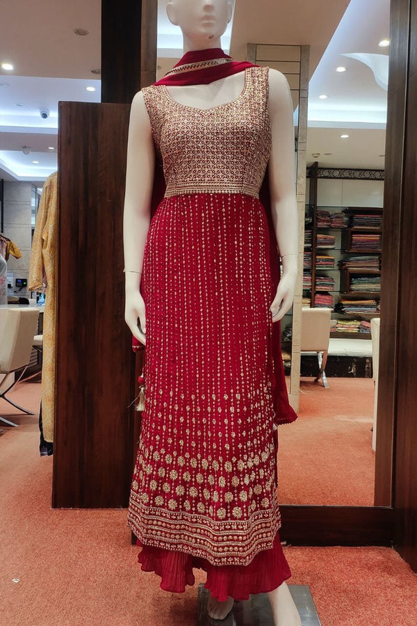 Sharara Suit Set With Dupatta In Rani Color