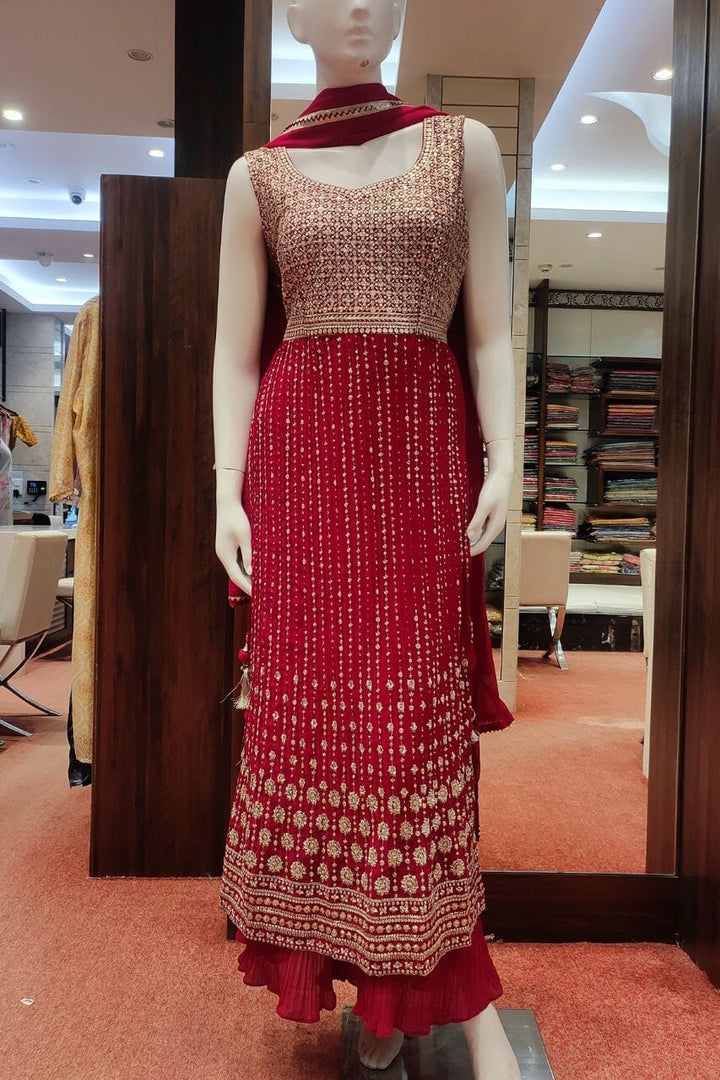 Sharara Suit Set With Dupatta In Rani Color
