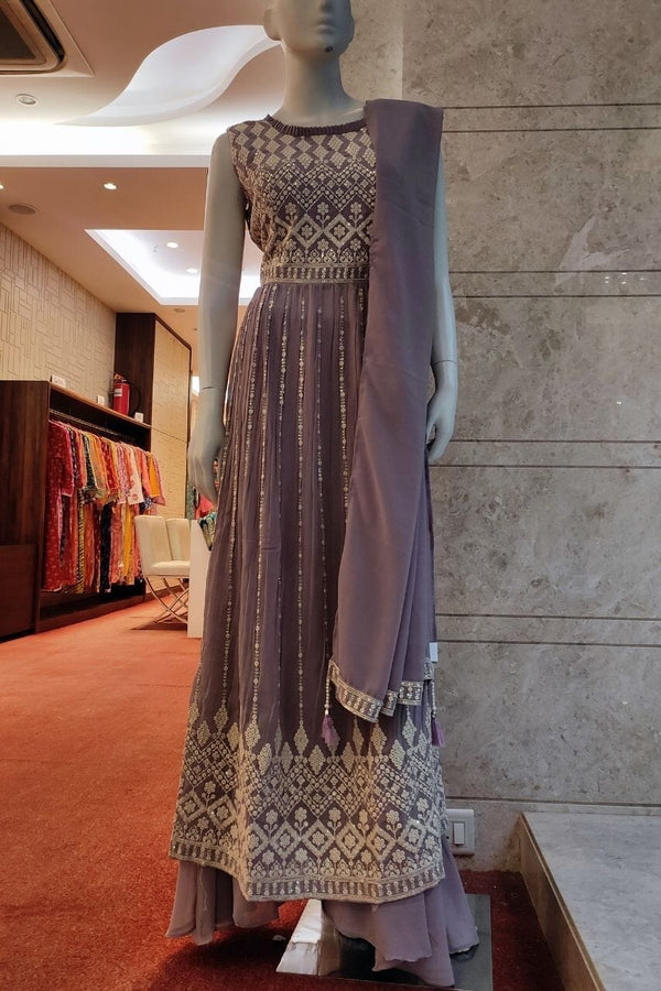 Sharara With Long Suit Set In Mauve Color