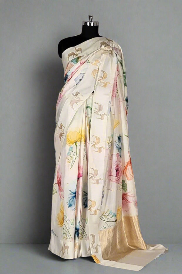 Shikargah Silk Saree in White Colour