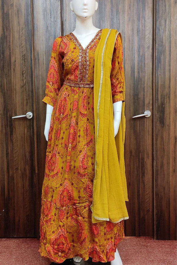 Silk Gown In Mustard For Diwali