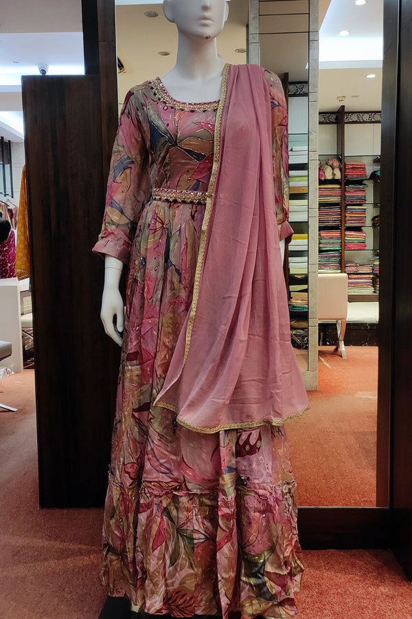 Silk Gown In Pink With Printed