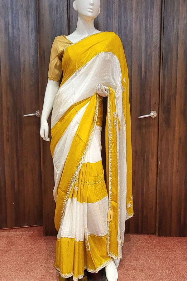Fancy Silk Saree In Yellow and White Stripe