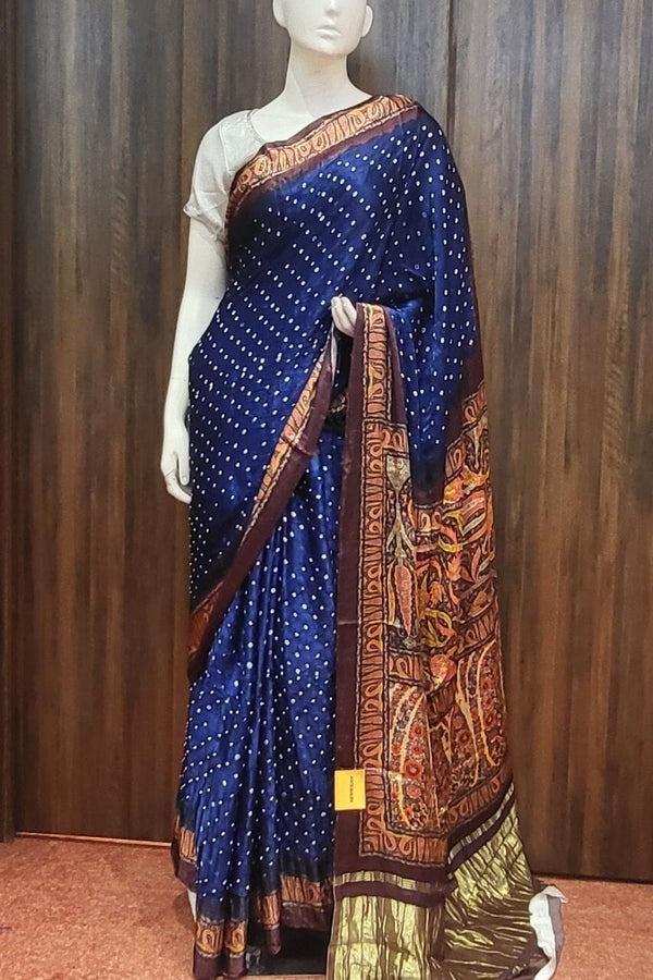Silk Saree With Bandhani Printed In Navy Blue