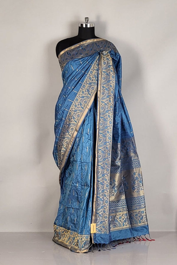 Blue Pure Silk Saree with Handwoven Detailing