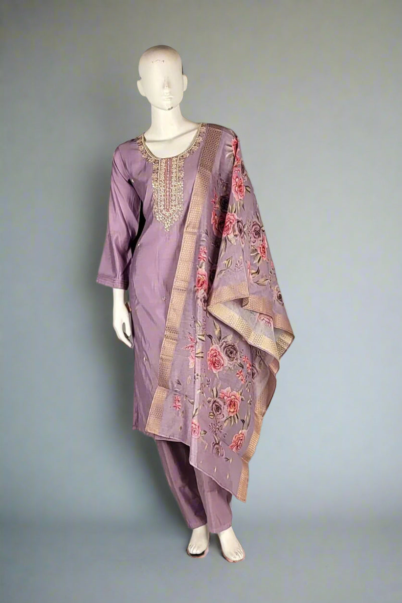 Silk Ready Made Suit Set With Printed Dupatta 