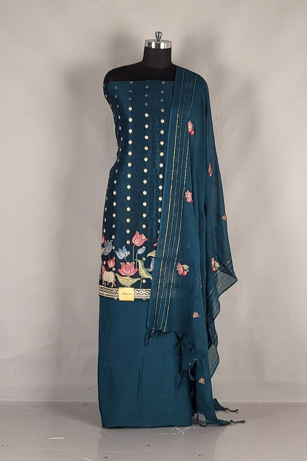 Silk Salwar Suit Piece With Booti Work - Diwali Wear