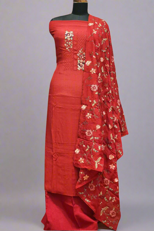 Silk Suit Piece with Organza Embroidered Dupatta
