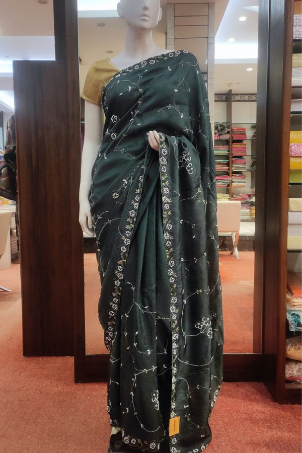 Soft Organza Saree In Dark Green Color
