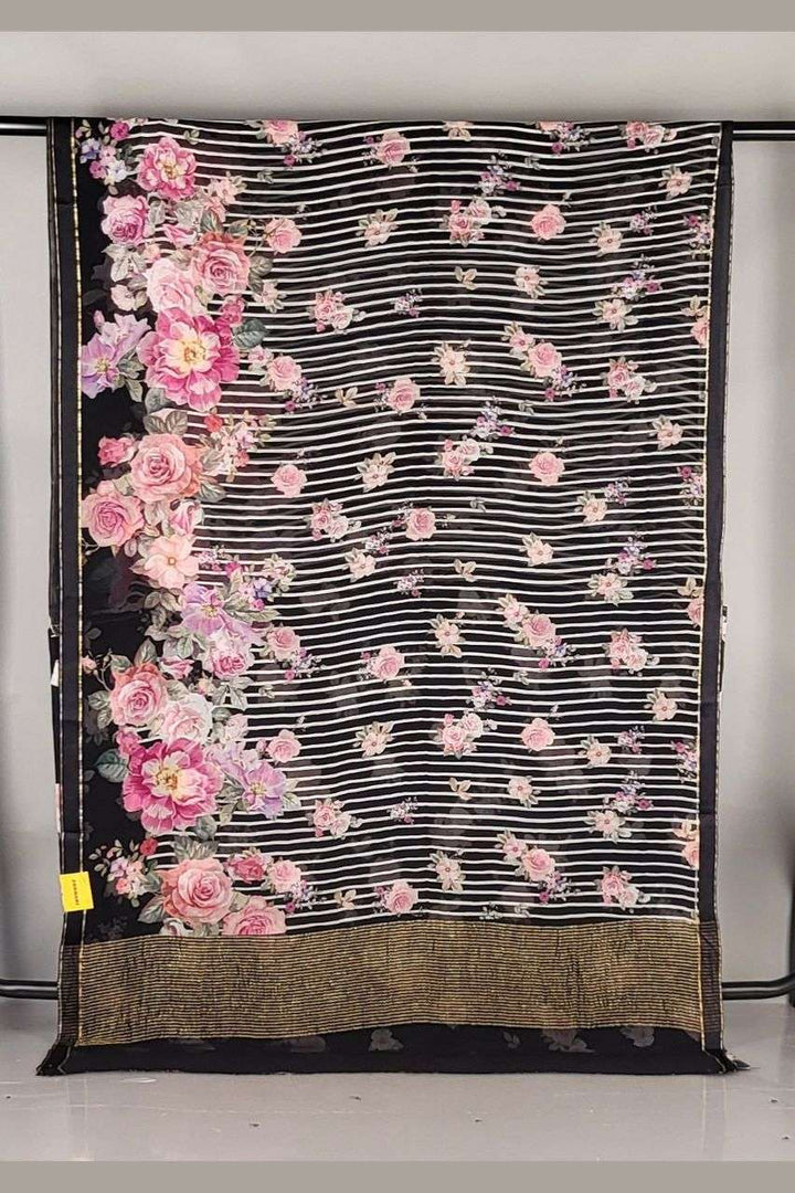 Stripe Printed Chiffon Saree in Black Colour