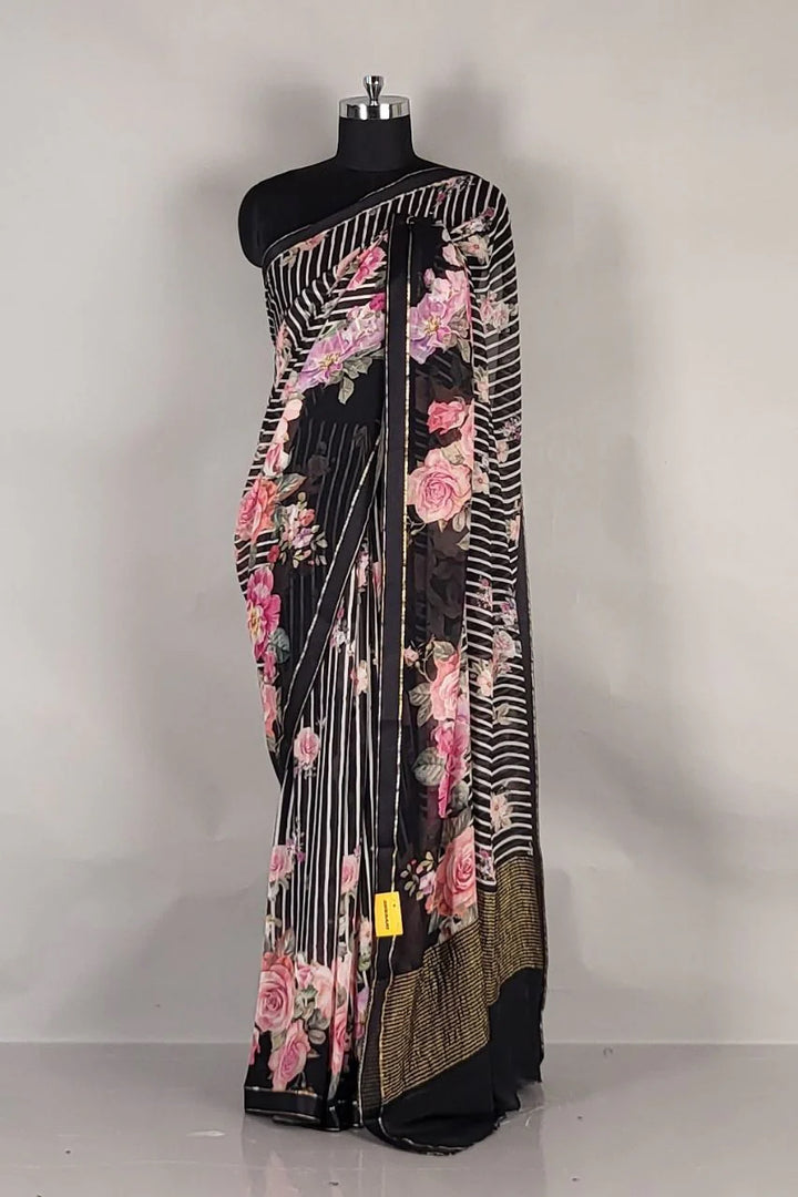 Stripe Printed Chiffon Saree in Black Colour