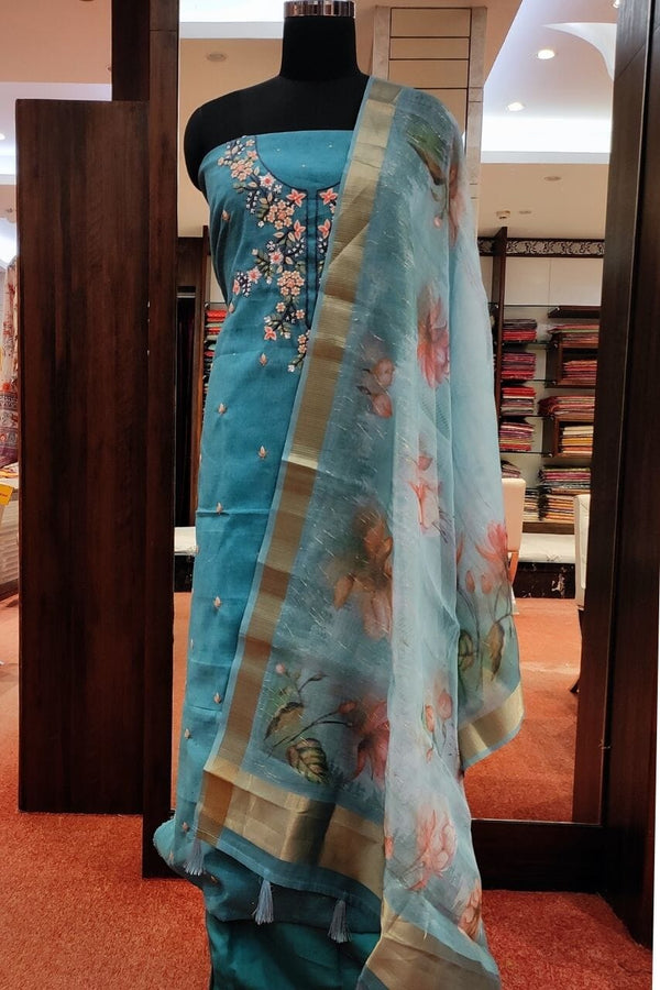 Suit Piece Set In Blue With Embroidered Yoke