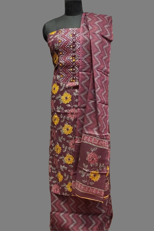 Unstitched Dress Material in Burgundy Colour