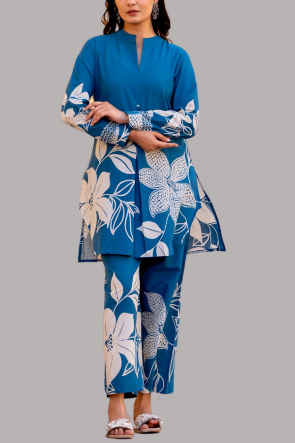 Summer Co-Ord Set In Cotton- Blue Colour