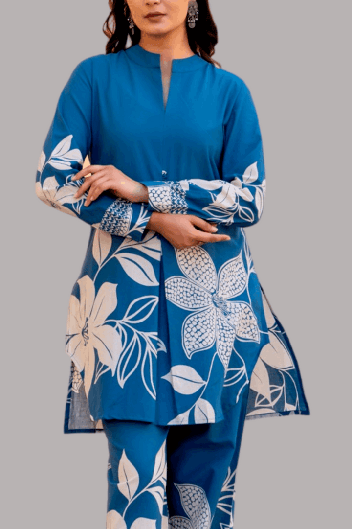 Summer Co-Ord Set In Cotton- Blue Colour