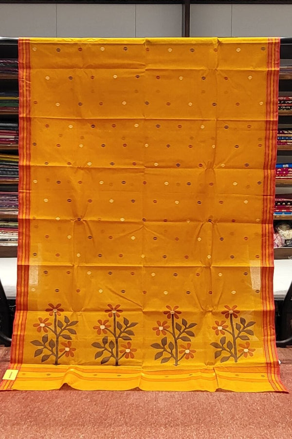 Handloom Cotton Tant Saree In Yellow and Red Thin Border