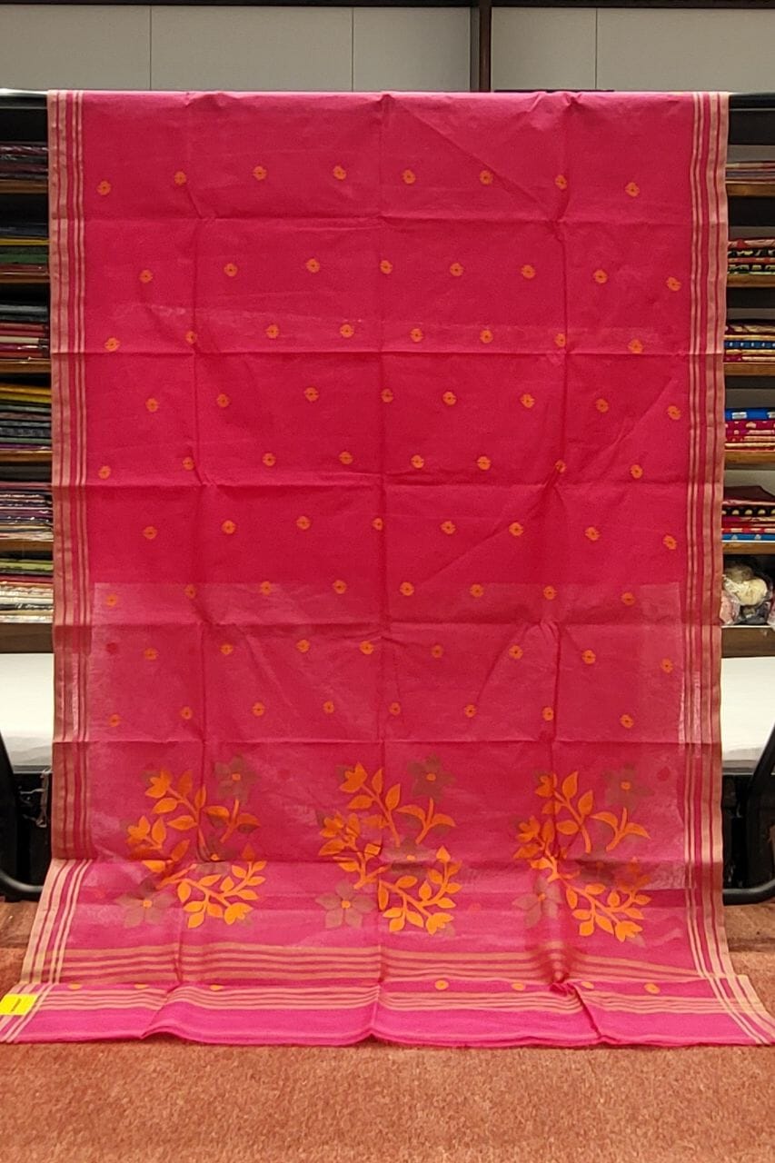 Pink Handloom Cotton Tant Saree With Thread Work