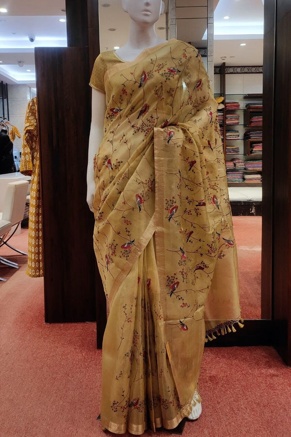 Tissue Saree With Thread Embroidery In Yellow