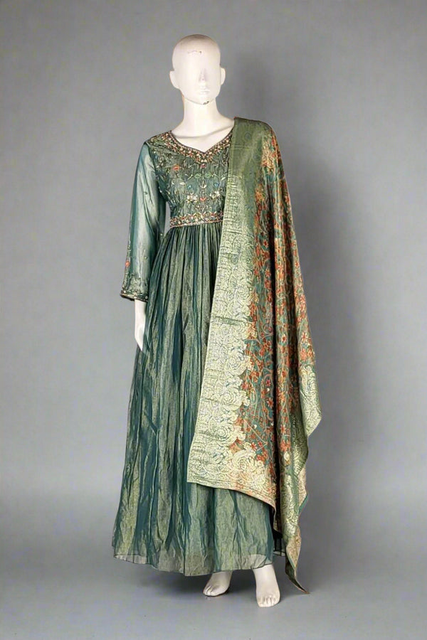 Traditional Gown with Heavy Dupatta in Green