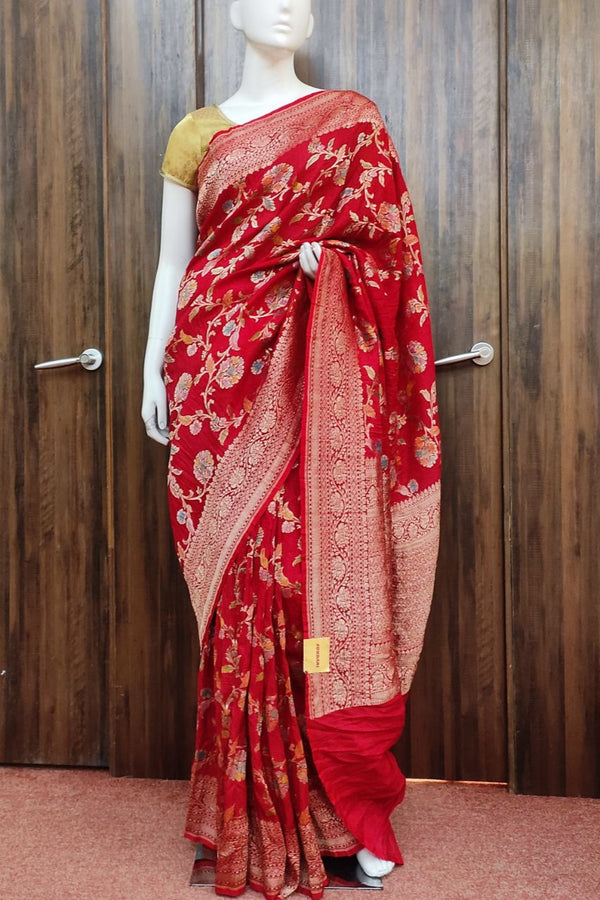 Tussar Khaddi Saree In Red For Diwali