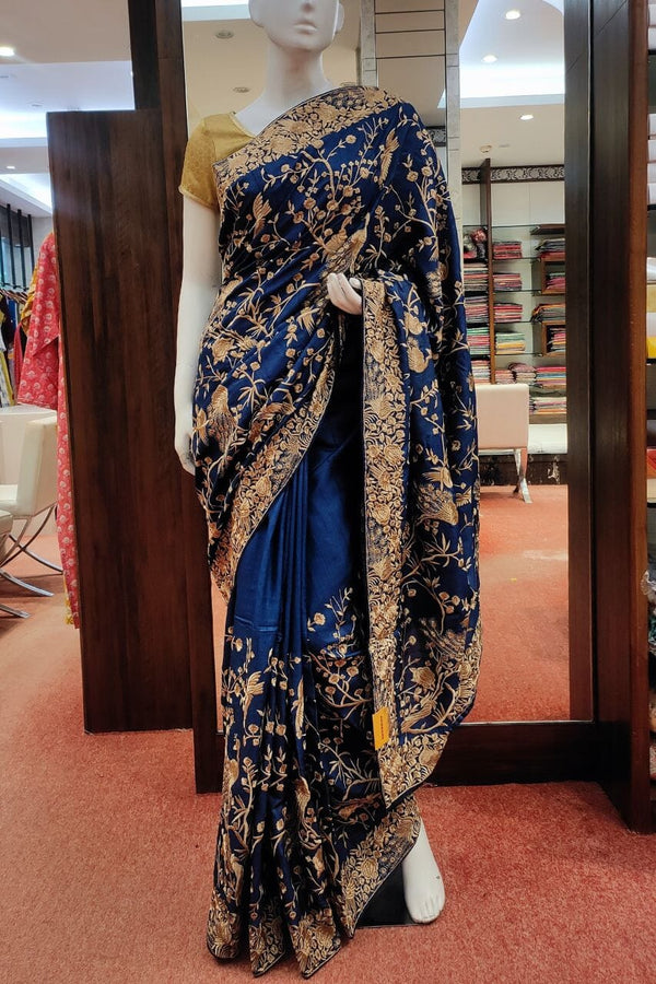 Tussar Silk Saree In Blue With Thread Embroidery