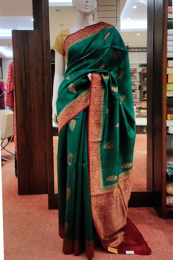Tussar Silk Saree In Dark Green Color