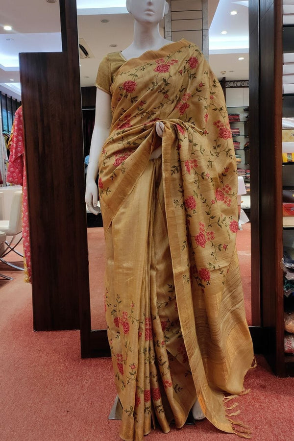 Tussar Silk Saree With Cross Stitch Embroidery