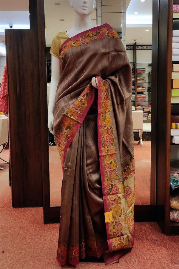 Tussar Silk Saree With Floral Woven Border
