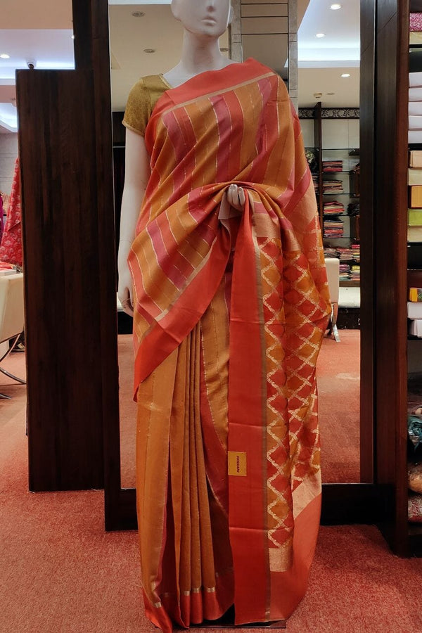 Tussar Silk Saree With Stripes in Peach