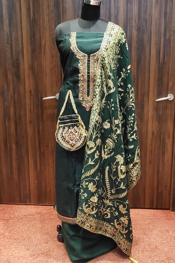 Unstitched Salwar Suit Set In Dark Green