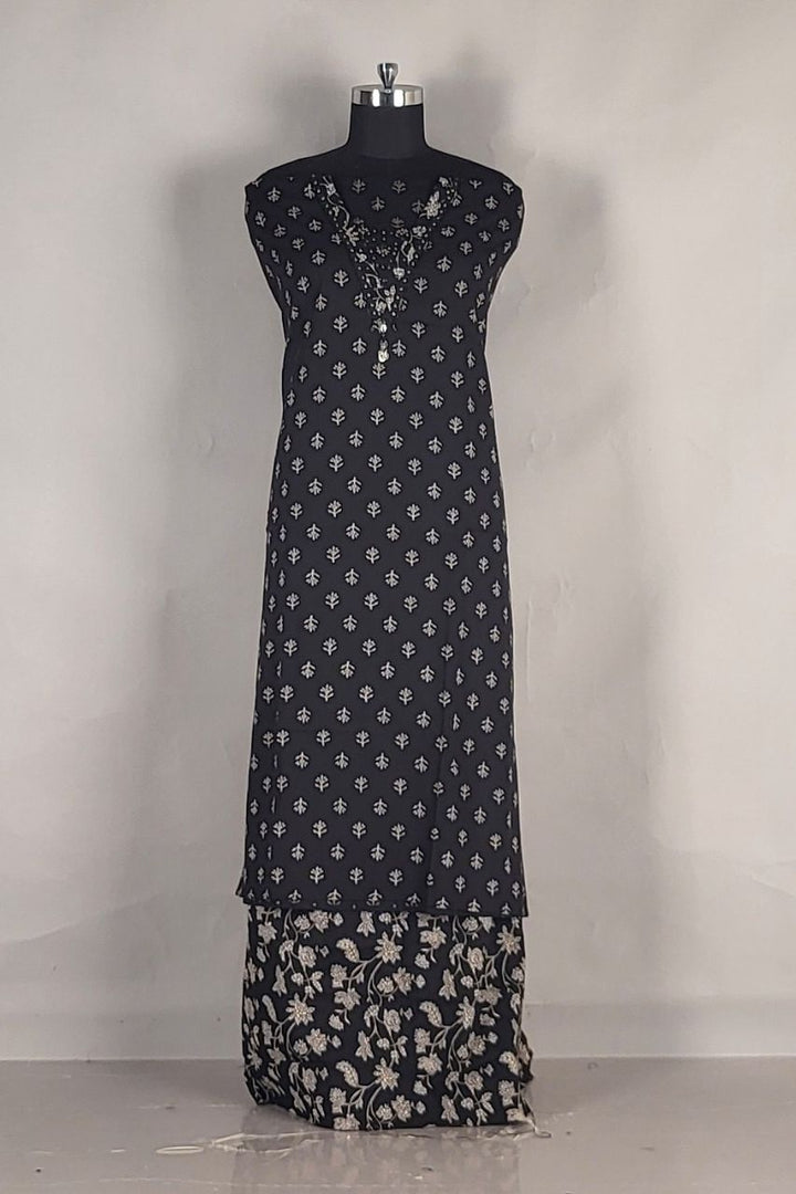 Cotton Salwar Suit Piece with V- Neck- Black Colour