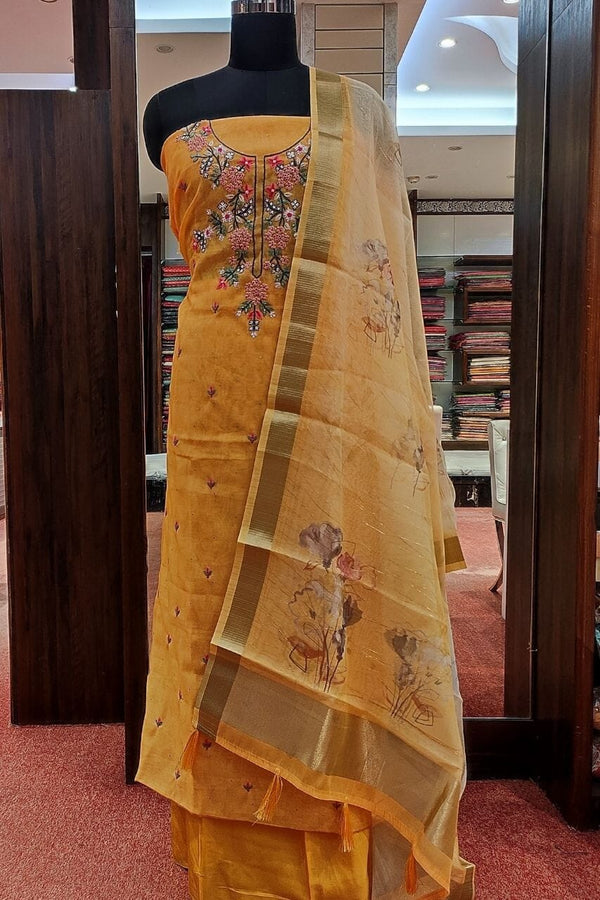 Unstitched Suit Piece In Mustard With Embroidered Yoke