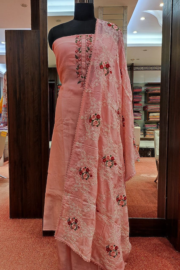 Unstitched Suit Piece In Pink With Embroidered Yoke