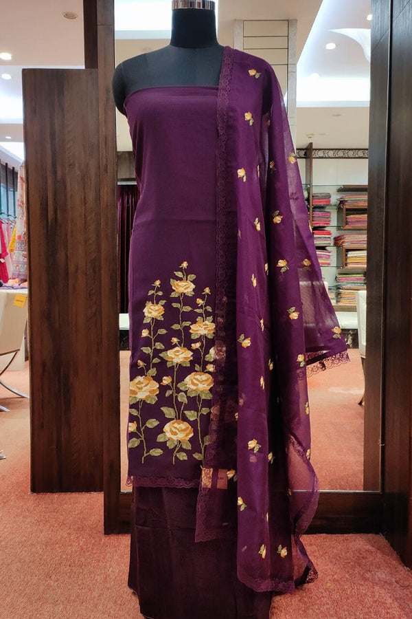 Unstitched Suit Piece Set In Wine Color