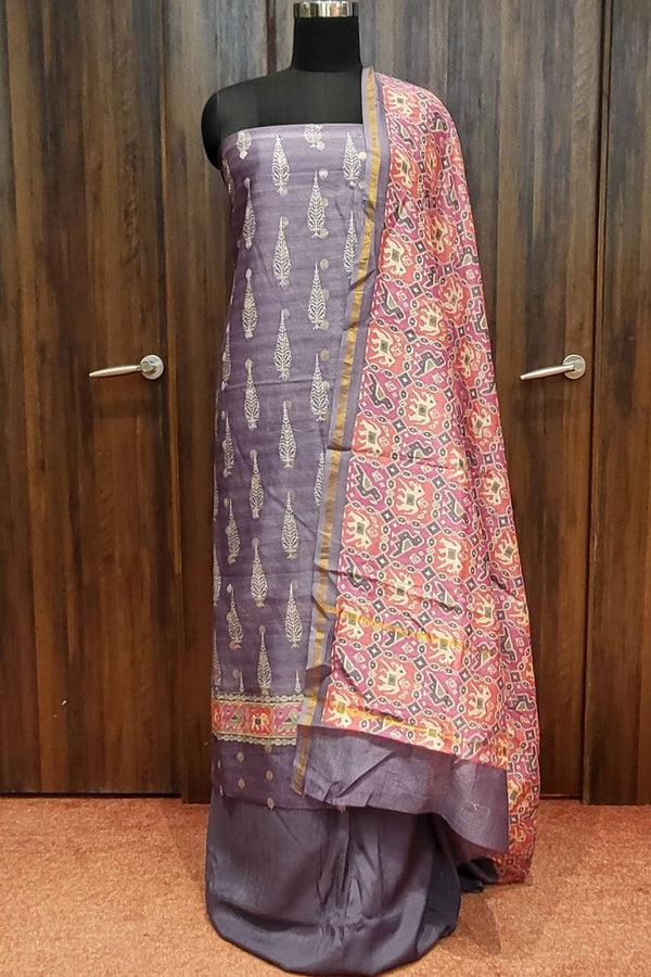 Unstitched Suit Piece Set With Printed In Grey