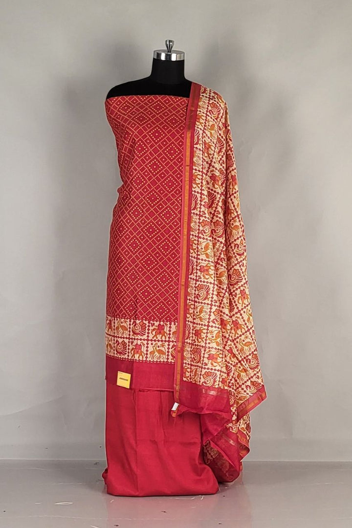 Chanderi Silk Dress Material for Women- Red Color