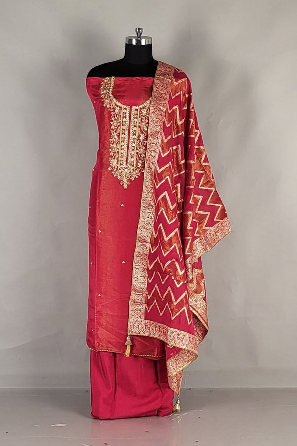 Dress Material in Tissue Silk for Diwali- Red Color