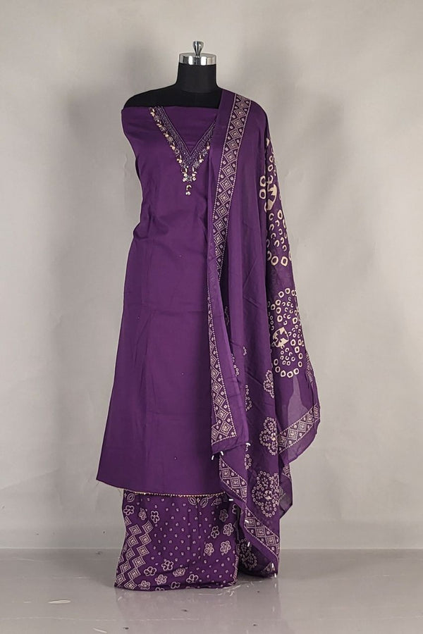 Unstitched Dress Material with V Neck Style- Cotton