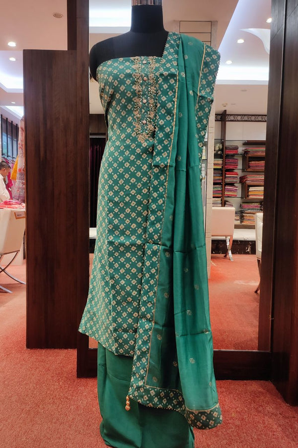 Unstitched Suit Piece With Bandhani Printed In Green