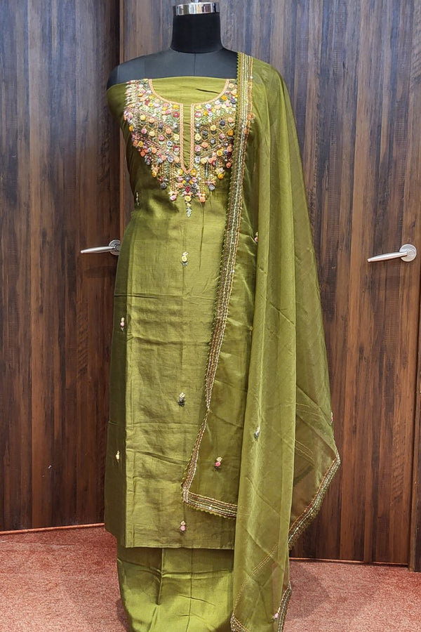 Cotsilk Suit Piece in Mehandi Color