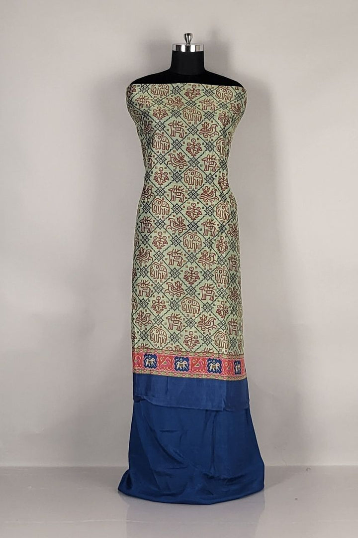 Unstitched Dress Material Set with Striped Dupatta