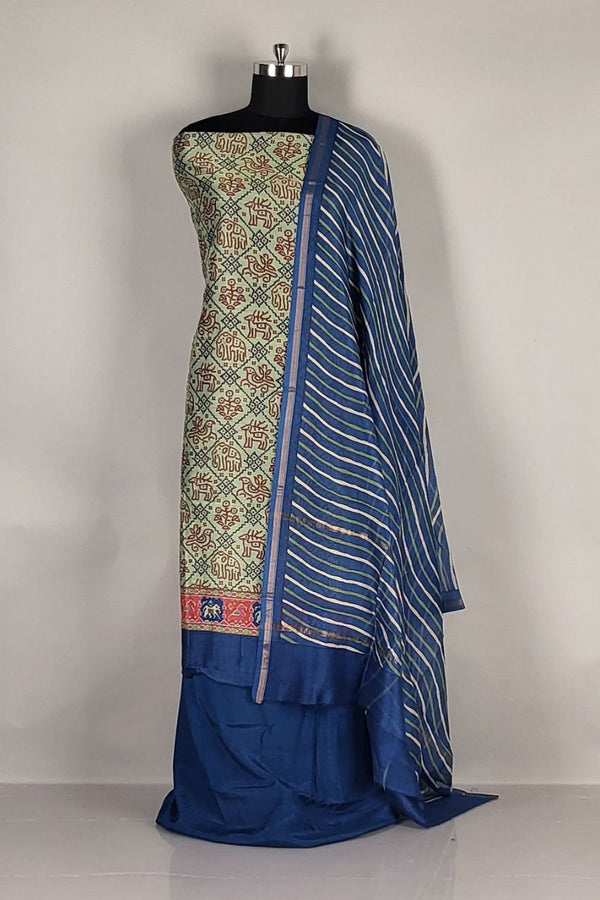 Unstitched Dress Material Set with Striped Dupatta
