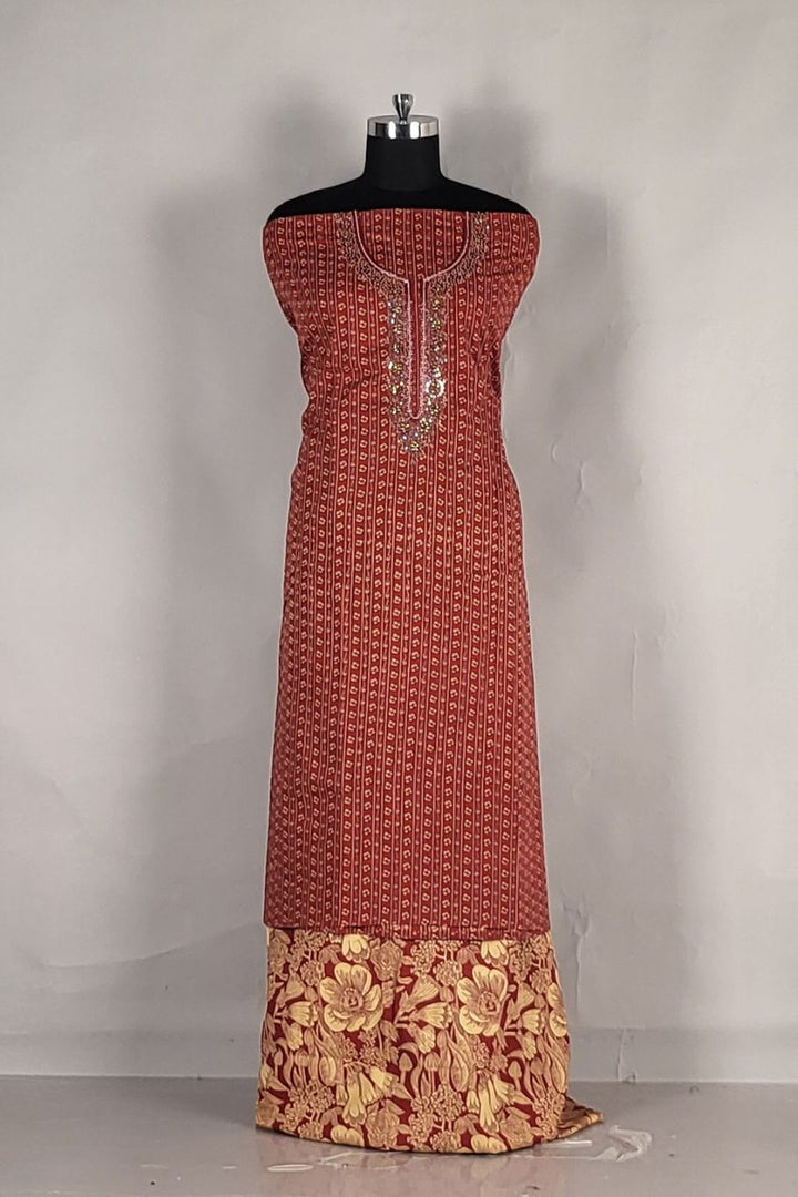 Unstitched Salwar Suit Full Set in Cotton- Red Colour