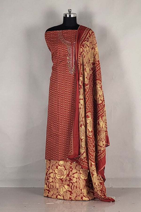 Unstitched Salwar Suit Full Set in Cotton- Red Colour
