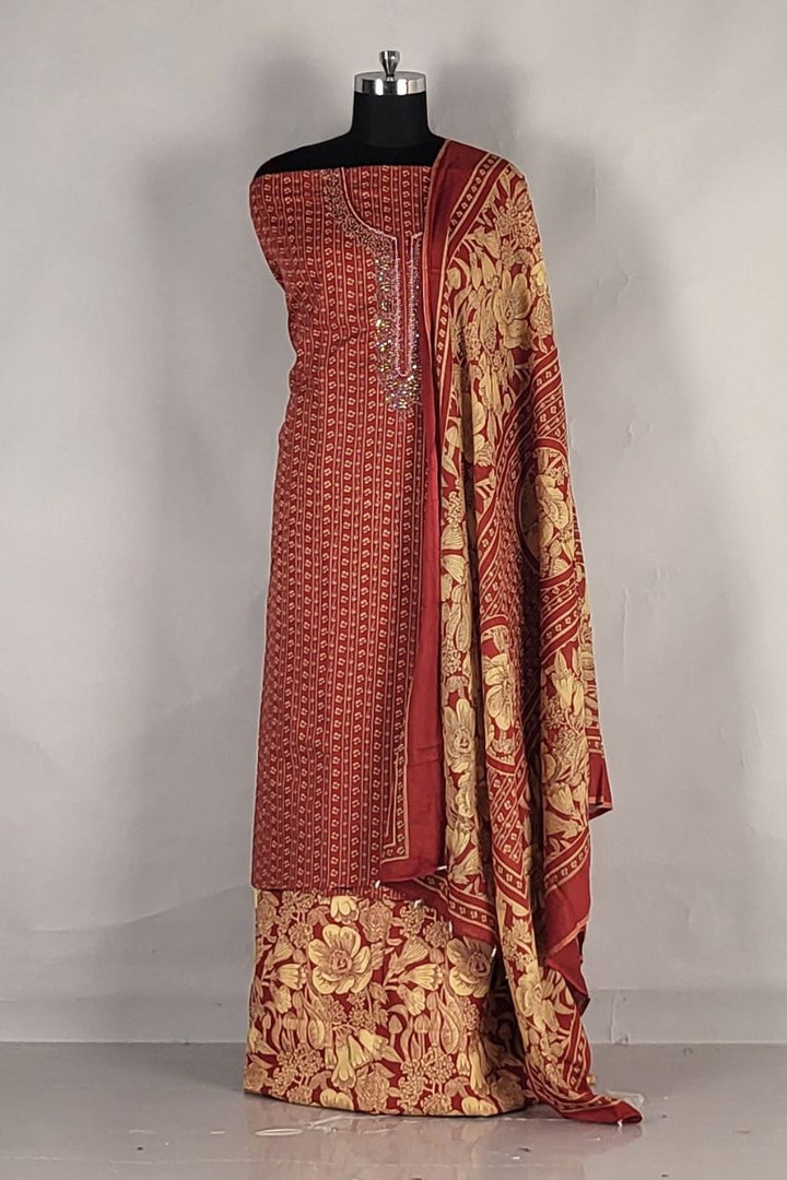 Unstitched Salwar Suit Full Set in Cotton- Red Colour