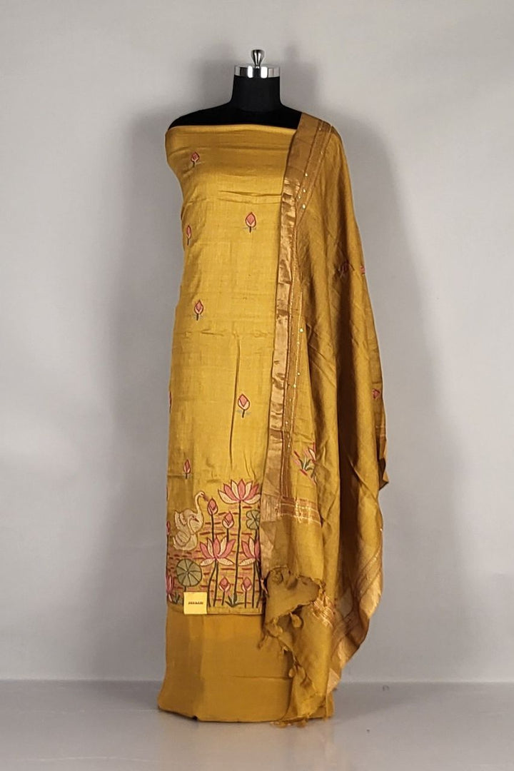Unstitched Suit Piece in Tussar Silk- Golden Yellow