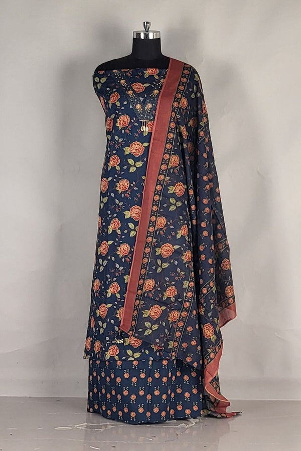V- Neck Cotton Salwar Suit Piece Set- Blue Colour
